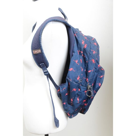 Trans by Jansport Navy Blue Backpack Pink Flamingos Zip Pockets School Book Bag - Picture 4 of 5
